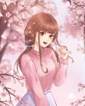  1girl absurdres bangs blue_sky blunt_bangs blurry blurry_background braid brown_eyes brown_hair cherry_blossoms day eyebrows_visible_through_hair hand_up highres long_sleeves looking_at_viewer nani_(goodrich) open_mouth original outdoors pink_sweater sidelocks sky solo spring_(season) standing sweater 