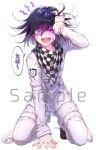  1boy :d black_footwear black_hair blood blood_on_face checkered checkered_scarf commentary_request dangan_ronpa eyebrows_visible_through_hair fang hair_between_eyes hand_on_ground highres injury jacket kneeling long_sleeves looking_at_viewer male_focus medium_hair nanin new_dangan_ronpa_v3 one_eye_closed open_mouth ouma_kokichi pink_blood purple_hair sample scarf shoes simple_background smile solo speech_bubble straitjacket tearing_up translation_request violet_eyes white_background 