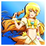  1girl blonde_hair border bow cure_sunshine dress hair_bow hair_bow_removed hair_down heartcatch_precure! highres long_hair midriff myoudouin_itsuki navel niita precure short_sleeves smile white_border wrist_cuffs yellow_eyes 