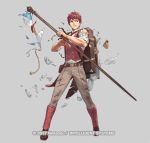  1boy bag belt boots cuboon cup fire_emblem fire_emblem_echoes:_mou_hitori_no_eiyuuou fire_emblem_heroes full_body grey_background injury lukas_(fire_emblem) male_focus necktie nintendo official_art plate red_eyes redhead solo staff teacup teeth torn_clothes vest 