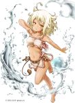  1girl :3 ahoge akino_coto animal_ears ankh bandeau bangs barefoot blonde_hair breasts dark_skin egyptian eye_of_horus eyebrows_visible_through_hair highres lion_ears lion_tail looking_at_viewer medium_breasts navel official_art original short_hair solo splash strapless swept_bangs tail tattoo water watermark white_background 