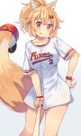  1girl :q animal_ear_fluff animal_ears ball baseball baseball_bat baseball_cap baseball_uniform blonde_hair blush breasts clothes_writing commentary_request contrapposto fox_ears fox_girl fox_tail grey_background hand_on_hip hat holding holding_ball large_breasts long_hair looking_at_viewer original ponytail red_eyes simple_background solo sportswear standing tail tonari_no_kai_keruberosu tongue tongue_out wristband 