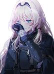  1girl an-94_(girls_frontline) bangs blue_eyes blush crying crying_with_eyes_open dirty_face girls_frontline gloves hairband jacket long_hair long_sleeves sidelocks silence_girl silver_hair strap tears uniform very_long_hair 