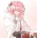  1boy armor astolfo_(fate) black_bow black_ribbon bow braid citron_82 cloak closed_eyes commentary_request fate/apocrypha fate_(series) fur_trim gauntlets gradient gradient_background hair_intakes hair_ribbon hands_on_own_chest highres long_braid male_focus pink_background pink_hair ribbon sad_smile single_braid solo white_background 