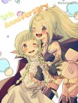  2girls absurdres ahoge anniversary black_gloves blonde_hair blush braid cape circlet fire_emblem fire_emblem:_kakusei gloves highres long_hair long_sleeves mamkute mother_and_daughter multiple_girls nintendo nishimura_(nianiamu) nn_(fire_emblem) nowi_(fire_emblem) one_eye_closed open_mouth pointy_ears ponytail twin_braids twitter_username v violet_eyes 