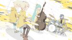  2boys 2girls aqua_hair bass_guitar blonde_hair blue_hair blush_stickers bow closed_eyes commentary cymbals dress drum drum_set drumsticks gyari_(imagesdawn) hair_bow hair_ornament hairclip hat hatsune_miku highres instrument jacket kagamine_len kagamine_rin kaito keyboard_(instrument) long_hair mini_hat mini_top_hat multiple_boys multiple_girls music playing_instrument sandals scarf short_hair sitting smile top_hat transparent twintails very_long_hair vocaloid yellow_dress yellow_headwear yellow_hoodie yellow_jacket yellow_suit 
