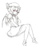  1girl bangs bat_wings bobby_socks commentary dress eyebrows_visible_through_hair hair_between_eyes hand_on_own_chest hand_up hat hat_ribbon houtengeki invisible_chair looking_at_viewer mary_janes mob_cap monochrome petticoat puffy_short_sleeves puffy_sleeves red_eyes remilia_scarlet ribbon shoes short_dress short_hair short_sleeves simple_background sitting socks solo symbol_commentary thighs touhou white_background wings work_in_progress 