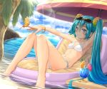  1girl absurdres aqua_eyes aqua_hair arm_up armpits bikini blush bracelet breasts bug butterfly closed_mouth clouds commentary_request day eyewear_on_head flower hair_flower hair_ornament hatsune_miku highres insect jewelry kitsunerider lens_flare long_hair ocean reclining side-tie_bikini sky small_breasts smile soaking_feet solo sunglasses swimsuit twintails very_long_hair vocaloid water white_bikini 