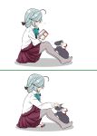  1girl 2koma ahoge animalization black_ribbon blue_neckwear book bow bowtie braid comic commentary_request dress from_side fujinami_(kantai_collection) grey_legwear hair_over_eyes hair_over_shoulder hair_ribbon hamanami_(kantai_collection) highres kantai_collection long_hair long_sleeves mellmfs3 no_shoes pantyhose petting pleated_dress purple_dress rabbit ribbon school_uniform seamed_legwear shirt side-seamed_legwear silver_hair single_braid sitting white_shirt 