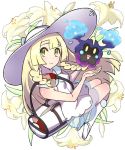  1girl bag blonde_hair braid closed_mouth cosmog creatures_(company) dress duffel_bag flower full_body game_freak gen_7_pokemon green_eyes hat komusou_(jinrikisha) lillie_(pokemon) long_hair nintendo poke_ball_theme pokemon pokemon_(creature) pokemon_(game) pokemon_sm see-through sleeveless sleeveless_dress smile sun_hat twin_braids white_dress white_headwear white_legwear 