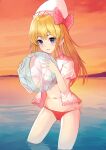  1girl absurdres ball beachball bikini blonde_hair blue_eyes blush breasts commentary_request feet_out_of_frame hat highres holding holding_ball horizon jacket light_smile lily_white long_hair looking_at_viewer navel open_clothes open_jacket parted_lips small_breasts solo swimsuit touhou twilight wading wamachi water 