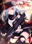  1girl ;o assault_rifle bangs bare_shoulders belt belt_pouch black_jacket black_legwear black_scarf black_shorts blush building camouflage clouds cloudy_sky commentary_request floating_hair g11_(girls_frontline) girls_frontline gun h&amp;k_g11 hair_between_eyes hat highres holding holding_gun holding_weapon jacket leg_up lens_flare long_hair long_sleeves looking_at_viewer midriff nya_rl object_namesake off_shoulder one_eye_closed open_clothes open_jacket orange_sky outdoors parted_lips peaked_cap pouch red_footwear red_headwear rifle scarf shirt shoes short_shorts shorts sidelocks silver_hair sky solo standing standing_on_one_leg thigh-highs thighs torn_clothes torn_shirt weapon white_shirt yellow_eyes 