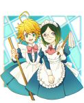  0rithad0 2girls ahoge alternate_costume apron bangs blue_background blue_dress bow brooch chromatic_aberration clenched_hand dress duster emma_(yakusoku_no_neverland) enmaided gilda_(yakusoku_no_neverland) glasses green_eyes green_hair grey_eyes hair_ornament hairclip highres jewelry looking_at_viewer maid maid_headdress medium_hair multiple_girls orange_hair parted_bangs pink_bow puffy_short_sleeves puffy_sleeves short_sleeves simple_background smile standing yakusoku_no_neverland 