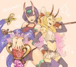  2girls :d bare_shoulders black_gloves black_legwear blonde_hair breasts chinese_clothes dudou elbow_gloves eyelashes eyeliner fate/grand_order fate_(series) flat_chest flower gloves hair_ornament hand_on_hip holding holding_weapon horns ibaraki_douji_(fate/grand_order) ibaraki_douji_(swimsuit_lancer)_(fate) long_hair looking_at_viewer makeup midriff mukuinu multiple_girls navel oni open_mouth pink_background pink_hair pleated_skirt purple_hair short_twintails shuten_douji_(fate/grand_order) shuten_douji_(halloween_caster)_(fate) simple_background skirt small_breasts smile star teeth thigh-highs thighs twintails very_long_hair violet_eyes weapon yellow_eyes 