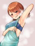  1girl arm_up armpits blush brown_eyes brown_hair drill_hair gojarun grey_background highres houjou_karen idolmaster idolmaster_cinderella_girls medium_hair open_mouth simple_background solo sports_bra steam sweat tank_top twin_drills twitter_username 