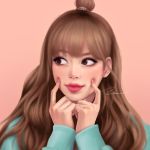  1girl bangs blackpink brown_eyes brown_hair close-up lips lisa_(blackpink) long_hair looking_at_viewer looking_to_the_side pink_background signature smile solo umigraphics 