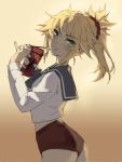  1girl :&gt; absurdres bangs blonde_hair blush braid eating eyebrows_visible_through_hair fate/apocrypha fate_(series) food food_in_mouth from_side green_eyes hair_ornament hair_scrunchie highres holding holding_food long_hair long_sleeves looking_at_viewer mordred_(fate) mordred_(fate)_(all) pocky ponytail red_scrunchie red_shorts school_uniform scrunchie shorts simple_background smile solo tonee two-tone_background 