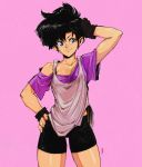  1girl 90s bike_shorts black_hair blue_eyes breasts brown_gloves cleavage collarbone colorized commentary cowboy_shot david_liu dragon_ball dragonball_z english_commentary fingerless_gloves gloves hand_in_hair hand_on_hip highres loose_clothes loose_shirt medium_breasts off_shoulder oldschool pink_background shirt short_hair smile solo t-shirt tank_top thighs tomboy unaligned_breasts videl 