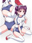  1girl ass between_legs blue_buruma blush buruma closed_mouth commentary_request double_vertical_stripe gym_shorts gym_uniform hairband halftone halftone_background hand_between_legs kazuno_leah love_live! love_live!_sunshine!! lying multiple_views name_tag on_stomach purple_hair shirt shoe_soles shoes short_hair short_sleeves short_twintails shorts sitting spread_legs thigh-highs twintails uwabaki v-shaped_eyebrows violet_eyes wariza white_footwear white_hairband white_legwear white_shirt yopparai_oni 