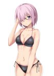  1girl bikini black-framed_eyewear black_bikini breasts cleavage collarbone commentary_request cowboy_shot disconnected_mouth fate/grand_order fate_(series) glasses hair_over_one_eye looking_at_viewer mash_kyrielight medium_breasts navel purple_hair ryuunonon short_hair side-tie_bikini simple_background solo swimsuit violet_eyes white_background 