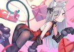  1girl :3 animal_ears ass bare_shoulders bell bell_collar black_legwear blush box cat_ears cat_tail collar elbow_gloves garter_straps gift gift_box gloves grey_hair hair_over_one_eye long_hair looking_at_viewer original pantyhose paw_gloves paws ryuinu solo tail thigh-highs thighhighs_over_pantyhose yellow_eyes 