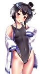  1girl alternate_costume anchor anchor_symbol bangs bare_shoulders black_hair black_swimsuit blush breasts brown_eyes buttons closed_mouth collarbone competition_swimsuit covered_navel cowboy_shot eyebrows_visible_through_hair gradient_hair grey_hair groin hair_between_eyes hairband hat head_tilt headgear highleg highleg_swimsuit highres kantai_collection long_sleeves looking_at_viewer mini_hat multicolored_hair one-piece_swimsuit short_hair_with_long_locks sidelocks simple_background skindentation small_breasts smile solo standing swimsuit swimsuit_under_clothes thighs tokitsukaze_(kantai_collection) tsuchimiya white_background 