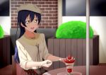 1girl bangs beret blue_hair blush commentary_request daiz1213 eating food fruit hair_between_eyes hat highres holding holding_spoon ice_cream long_hair love_live! love_live!_school_idol_project open_mouth outdoors plaid plaid_skirt plate sitting skirt sleeves_rolled_up smile solo sonoda_umi spoon strawberry table yellow_eyes 