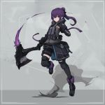 1girl axe fingerless_gloves full_body gloves highres holding holding_weapon hood hoodie jiang1274 original ponytail purple_hair short_shorts shorts solo violet_eyes weapon 