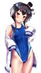  1girl alternate_costume anchor anchor_symbol bangs bare_shoulders black_hair blue_swimsuit blush breasts brown_eyes buttons closed_mouth collarbone competition_swimsuit covered_navel cowboy_shot eyebrows_visible_through_hair gradient_hair grey_hair groin hair_between_eyes hairband hat head_tilt headgear highleg highleg_swimsuit highres kantai_collection long_sleeves looking_at_viewer mini_hat multicolored_hair one-piece_swimsuit short_hair_with_long_locks sidelocks simple_background skindentation small_breasts smile solo standing swimsuit swimsuit_under_clothes thighs tokitsukaze_(kantai_collection) tsuchimiya white_background 
