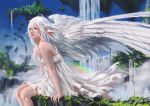  1girl angel angel_wings animal_ears bare_shoulders blue_eyes blue_sky building dated dress fantasy feathered_wings floating_hair floating_island jewelry long_hair nail_polish original pendant rainbow signature sitting sky sleeveless sleeveless_dress solo water waterfall white_dress white_hair white_nails white_wings wind wings xiaobanbei_milk 