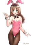  1girl a.i._channel adapted_costume animal_ears artist_name ass_visible_through_thighs bangs black_neckwear bow bowtie breasts brown_hair brown_legwear bunnysuit cleavage covered_navel cowboy_shot detached_collar fake_animal_ears finalcake green_eyes hairband kizuna_ai leotard looking_at_viewer medium_breasts multicolored_hair open_mouth pantyhose pink_hair pink_hairband pink_leotard rabbit_ears round_teeth simple_background solo strapless strapless_leotard streaked_hair striped striped_neckwear swept_bangs teeth thigh_gap two-tone_hair upper_teeth virtual_youtuber white_background wrist_cuffs 