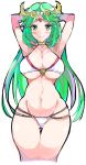  1girl adapted_costume arms_behind_back arms_behind_head arms_up bangs bikini blush breasts circlet cleavage closed_mouth commentary_request cropped_legs enpe eyebrows_visible_through_hair green_eyes green_hair groin highres kid_icarus large_breasts long_hair navel nintendo palutena parted_bangs smile solo stomach super_smash_bros. swimsuit thigh_gap under_boob very_long_hair white_bikini wide_hips 