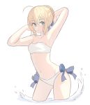  1girl ahoge armpits artoria_pendragon_(all) artoria_pendragon_(swimsuit_archer) bangs bikini blonde_hair blue_ribbon braid breasts collarbone eyebrows_visible_through_hair fate/grand_order fate_(series) french_braid green_eyes hair_ribbon highres legs looking_at_viewer lq_saku midriff navel parted_lips ribbon small_breasts solo swimsuit thighs white_bikini 