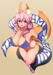 1girl animal_ears bikini blush bracelet breasts fang fate/grand_order fate_(series) fox_ears fox_tail from_above hair_between_eyes huge_breasts jewelry large_breasts looking_at_viewer open_mouth pink_hair sandals side-tie_bikini simple_background solo super_nekopunch swimsuit tail tamamo_(fate)_(all) 