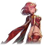  1girl armor bangs black_gloves breasts closed_eyes closed_mouth earrings eyelashes fingerless_gloves floating_hair framed_breasts gem gloves hair_ornament headpiece pyra_(xenoblade) jewelry large_breasts leaning_back leotard neon_trim nintendo official_art pose red_shorts redhead saitou_masatsugu short_hair short_shorts short_sleeves shorts sidelocks skin_tight solo standing swept_bangs thigh-highs tiara transparent_background turtleneck underbust vambraces xenoblade_(series) xenoblade_2 