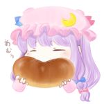  1girl ajitsuki anpan blue_bow blue_ribbon blush bow bread chibi closed_eyes commentary_request crescent crescent_moon_pin cropped_torso eating eyebrows_visible_through_hair food hair_bow hat hat_ribbon holding holding_food long_hair mob_cap pastry patchouli_knowledge purple_hair red_bow red_ribbon ribbon simple_background solo touhou translation_request upper_body white_background 