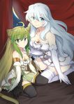  2girls alternate_costume animal_ears artemis_(fate/grand_order) atalanta_(fate) bare_shoulders blue_eyes breasts cleavage curtains elbow_gloves fate/grand_order fate_(series) gloves gradient_hair green_eyes highres long_hair moon multicolored_hair multiple_girls night nikame tail thigh-highs very_long_hair white_hair 