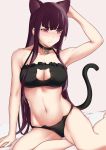  1girl animal_ears bangs bell bell_choker black_panties blush bra breasts bushidokuroi cat_cutout cat_ear_panties cat_ears cat_lingerie choker cleavage cleavage_cutout eyebrows_visible_through_hair girls_frontline hair_ribbon highres jingle_bell large_breasts long_hair looking_away meme_attire navel one_side_up panties purple_hair red_eyes ribbon sitting solo tail thighs underwear underwear_only very_long_hair wa2000_(girls_frontline) yokozuwari 