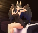  1girl ;o animal_ears artist_name bat_ears bat_girl bat_wings bed black_hair blush breasts commentary commentary_request commission dust_particles english_commentary eyebrows_visible_through_hair eyes_visible_through_hair kuroonehalf large_breasts light_rays long_hair looking_at_viewer nightgown on_bed one_eye_closed open_mouth original rubbing_eyes sitting sleepy solo violet_eyes wings yawning 