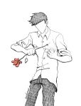  1boy black_hair black_pants ceruleanwax collared_shirt cowboy_shot faceless flower highres holding injury leaf original pants red_flower shirt short_hair short_sleeves signature simple_background sleeves_rolled_up solo spot_color white_shirt 