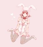  1girl absurdres animal_ears bare_arms breasts bunnysuit commentary_request dangan_ronpa dot_nose fishnet_legwear fishnets flipped_hair gloves hair_ornament hairclip heart highres kureha221 large_breasts looking_at_viewer mole mole_on_breast nanami_chiaki pink_background pink_eyes pink_hair pink_ribbon rabbit_ears ribbon shoes short_hair simple_background sleeveless smile solo strapless super_dangan_ronpa_2 thigh-highs white_footwear 