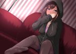  1girl black_hoodie blue_eyes blue_shorts breasts brown_hair brown_legwear cleavage couch dutch_angle hand_up hood hoodie indoors long_hair medium_breasts on_couch original pantyhose shorts solo striped vertical_stripes 