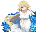  1girl absurdres bangs blonde_hair blue_flower breasts citron_82 commentary_request dress fate/apocrypha fate_(series) flower hair_between_eyes half-closed_eyes hand_in_hair hand_on_own_knee hand_on_own_leg headgear_removed highres jeanne_d&#039;arc_(fate) jeanne_d&#039;arc_(fate)_(all) long_hair medium_breasts petals smile solo very_long_hair violet_eyes white_background white_dress 