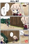  ... 2girls absurdres bag black_hair black_legwear blonde_hair candy capelet chibi chocolate comic commentary_request food graf_zeppelin_(kantai_collection) grey_eyes hair_between_eyes hakama_skirt highres iron_cross kaga_(kantai_collection) kantai_collection lollipop long_hair military military_uniform multiple_girls plastic_bag side_ponytail sidelocks spoken_ellipsis taisa_(kari) tasuki translation_request twintails uniform 