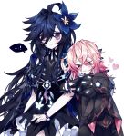  &gt;_&lt; ...! 2girls arm_hug artist_name bangs black_dress black_hair blush bracelet closed_mouth crying daydreamer_(elsword) dress elsword eyebrows_visible_through_hair flower g_ieep hair_between_eyes hair_flower hair_ornament heart holding jewelry laby_(elsword) long_hair multiple_girls nisha_(elsword) nisha_labyrinth_(elsword) pink_eyes pink_hair signature simple_background tears very_long_hair 