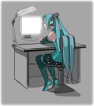  1girl aqua_hair arms_on_table bare_shoulders belt chair commentary desk detached_sleeves full_body grey_background hair_ornament hatsune_miku lamp leaning_forward long_hair monitor nippori_honsha shirt sitting skirt sleeveless sleeveless_shirt solo spot_color thigh-highs twintails very_long_hair vocaloid 
