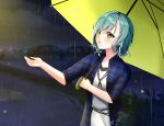  1girl aqua_hair bang_dream! bangs blue_jacket blurry blurry_background braid bridge clouds cloudy_sky collared_jacket commentary_request depth_of_field dress eyebrows_visible_through_hair fireflies green_eyes hair_between_eyes hikawa_hina holding holding_umbrella jacket looking_away mamel_27 night night_sky open_clothes open_jacket overcast plaid plaid_jacket puddle rain reflection river short_sleeves side_braids sky solo twin_braids umbrella water white_dress yellow_umbrella 