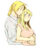  1boy 1girl :/ blonde_hair blue_eyes closed_eyes couple dress_shirt edward_elric expressionless fingernails frown fullmetal_alchemist head_rest hetero hug hug_from_behind igi_(tarqu0ise) looking_at_another looking_up shirt short_sleeves simple_background v-shaped_eyebrows white_background white_shirt winry_rockbell 