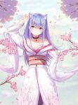  1girl absurdres animal_ear_fluff animal_ears arm_up bangs bare_shoulders blue_hair blunt_bangs blush breasts cat_ears cat_girl cherry_blossoms cleavage closed_mouth collarbone commentary_request cowboy_shot dahe_zhuang_(yishi_fanhua) eyebrows_visible_through_hair floral_print hand_on_hip head_tilt heterochromia highres ikusa_otome_suvia japanese_clothes kimono kimono_pull long_hair long_sleeves looking_at_viewer obi off_shoulder orange_eyes ouka_(komine_shiro) petals pink_eyes print_kimono sash sidelocks small_breasts smile solo straight_hair v very_long_hair white_kimono 