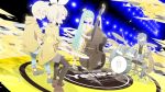  2boys 2girls aqua_hair bass_guitar blonde_hair blue_hair blush_stickers bow circle_name closed_eyes cymbals dress drum drum_set drumsticks gyari_(imagesdawn) hair_bow hair_ornament hairclip hat hatsune_miku highres instrument jacket kagamine_len kagamine_rin kaito keyboard_(instrument) long_hair mini_hat mini_top_hat multiple_boys multiple_girls music playing_instrument sandals scarf short_hair sitting smile song_name spotlight top_hat transparent twintails very_long_hair vocaloid yellow_dress yellow_headwear yellow_hoodie yellow_jacket yellow_suit 